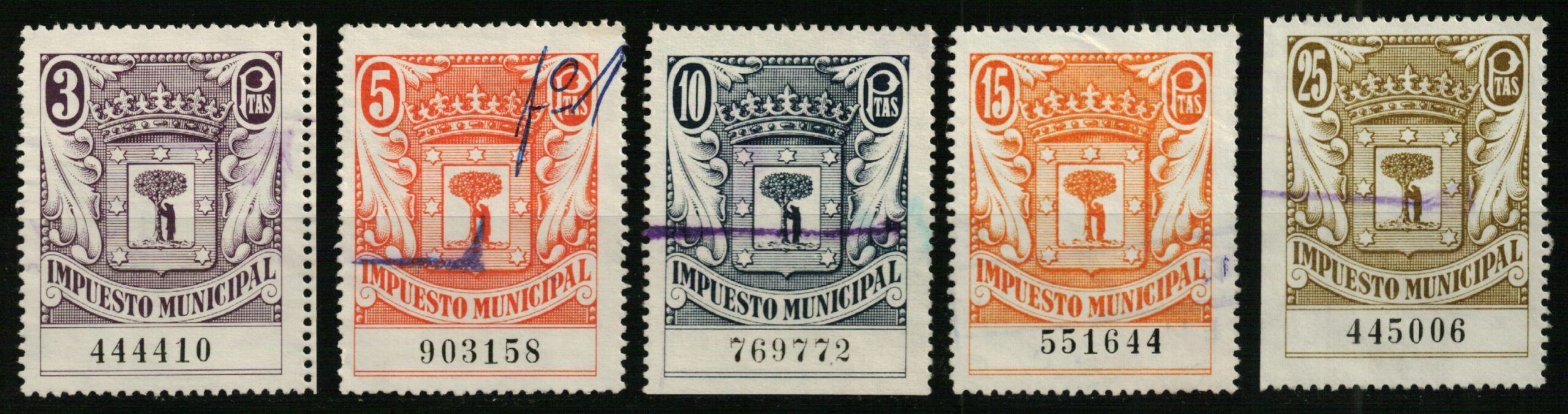 1466 Madrid. Impuesto Municipal. 5 valores de la serie