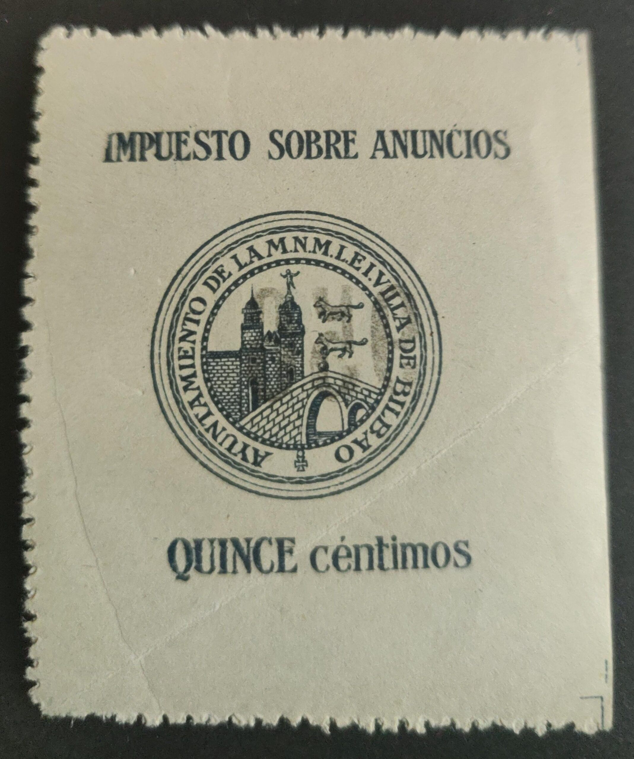 1963 Sello del Ayuntamiento de Bilbao. Impuesto sobre anuncios. Años '30 ?. 1 valor