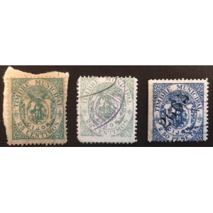 Timbre municipal del Ayuntamiento de Gijón. 1892 . 3 valores