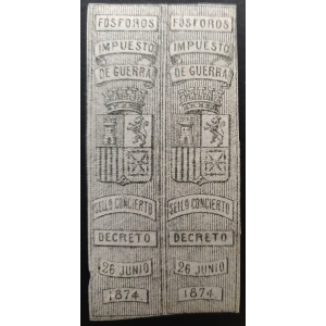 Fósforos. 1874 Impuesto de Guerra. Pareja (Tamaño 61 x 14 mm.)