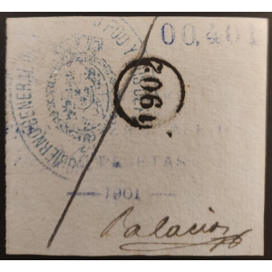 Póliza 1901 0,50 p. numeración azul con resello circular de 1902. Fernando Poo