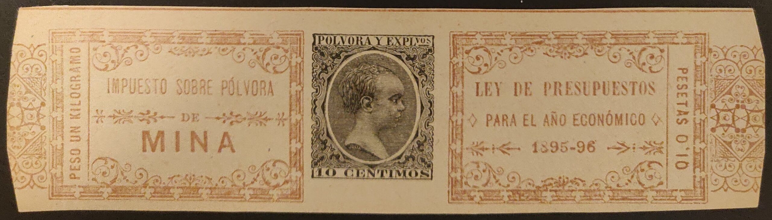2293 Pólvora y Explosivos 1895/96. Fajita de 0,10 Ptas. Castaño rojo y Negro