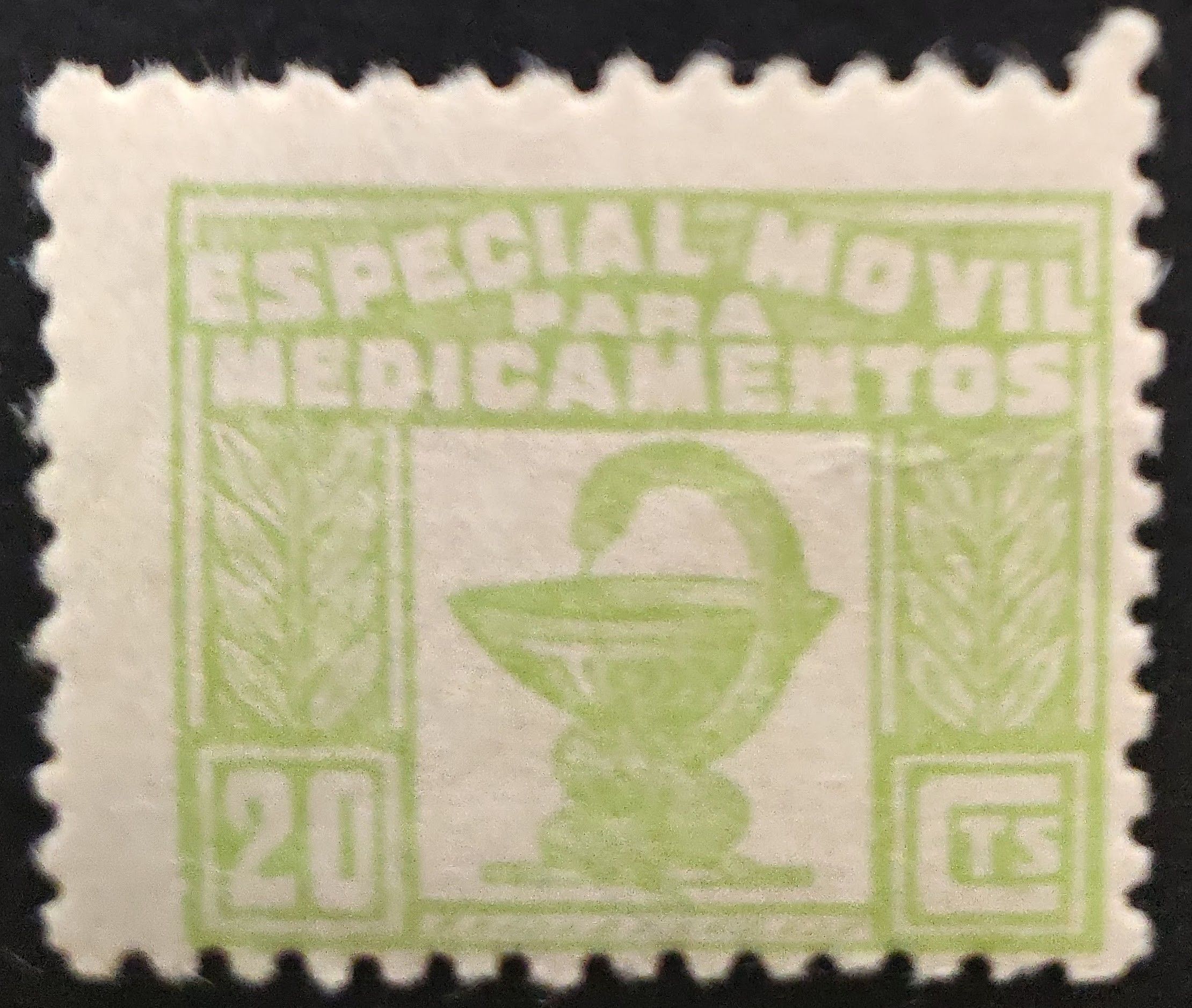 2338 Especial Móvil Medicamentos 1937. 20 cts. verde amarillo error numeración.
