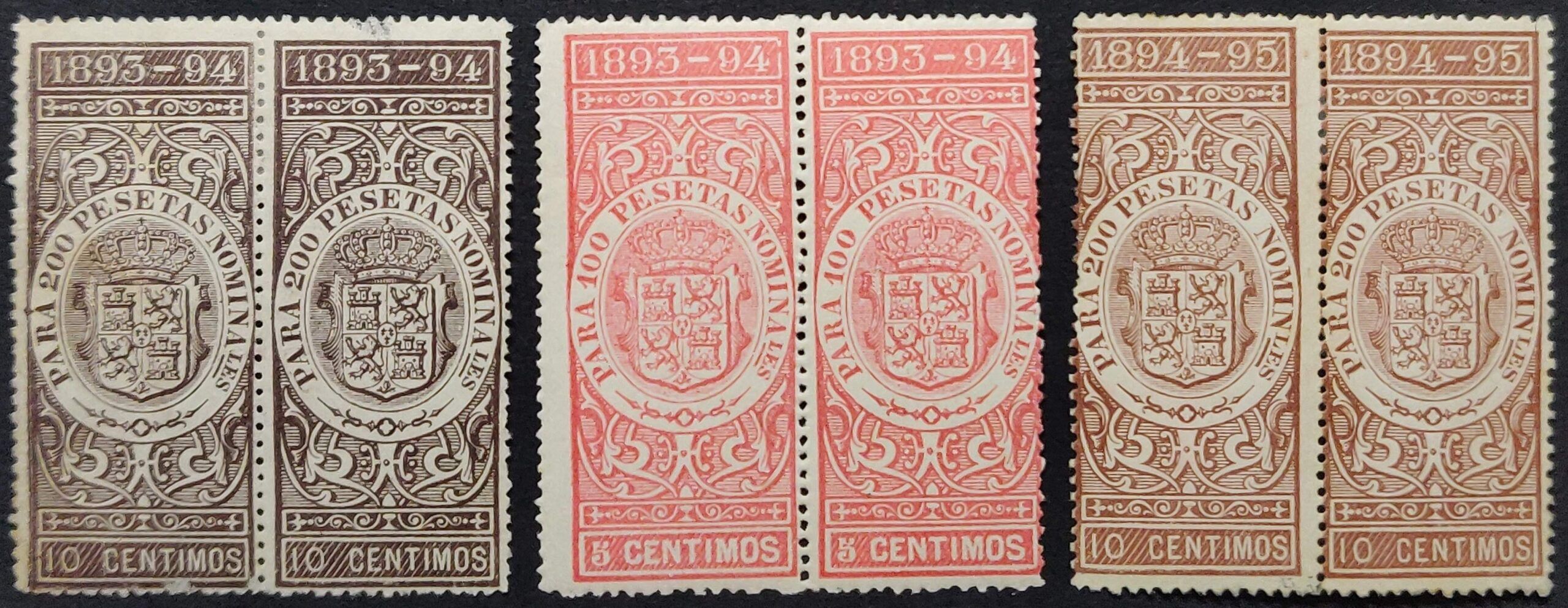 2476 Impuesto Deuda, Valores Industriales o Mercantiles. 6 sellos en parejas 1893 a 1895
