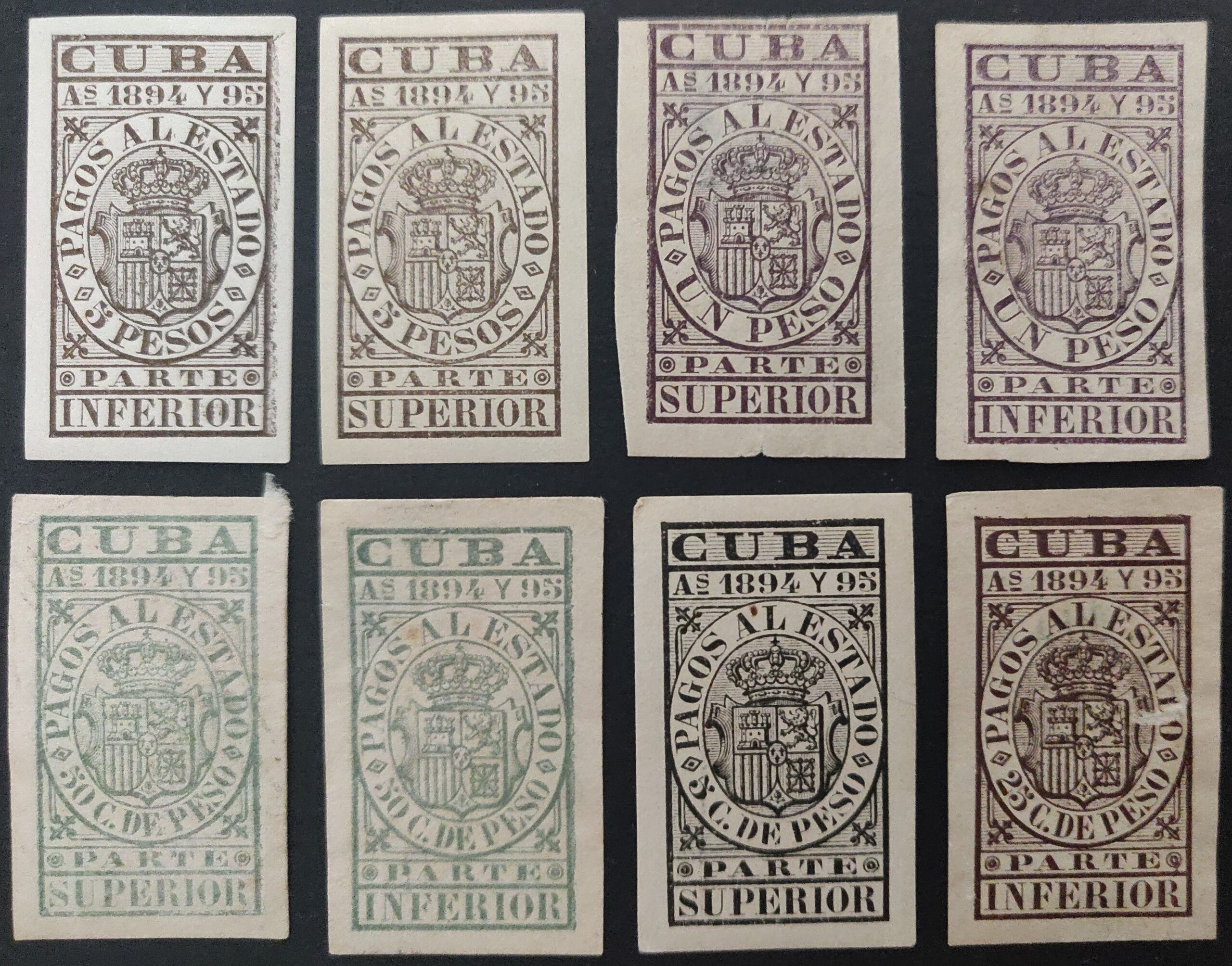 2492 Colonias Españolas. Cuba. Pagos al Estado 1894 y 1895. 8 sellos diferentes.