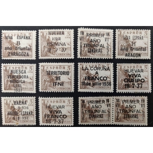 12 Sellos de 5 Céntimos Cid con Sobrecargas Patrióticas. ¿Fantasias, Falsas, Apócrifas? 1936-1939