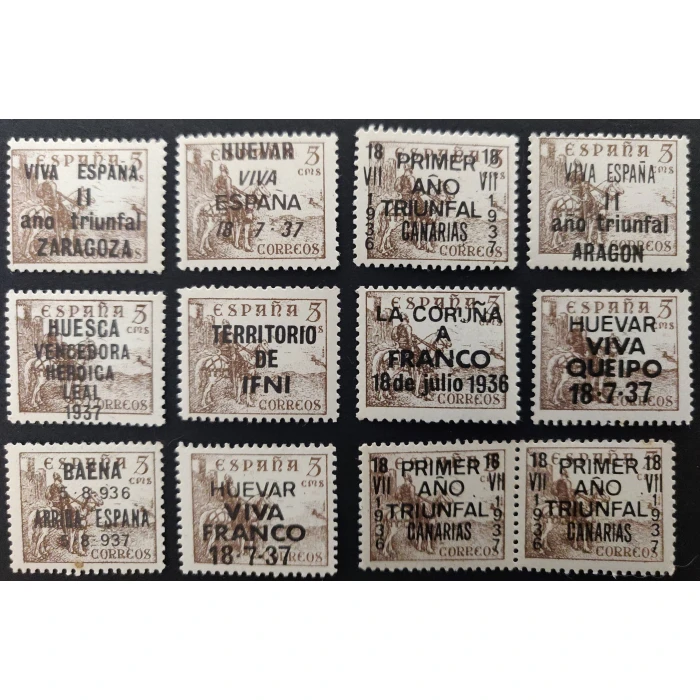 2565 12 Sellos de 5 Céntimos Cid con Sobrecargas Patrióticas. ¿Fantasias, Falsas, Apócrifas? 1936-1939