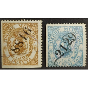 Arbitrios municipales del Ayuntamiento de Gijón. Año 1892 - 2 valores con la marca "DEPOSITARIA"