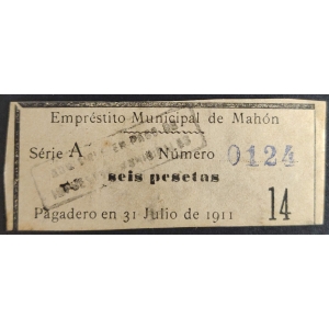 Sellos del Ayuntamiento de Mahón (Menorca). Impuestos Municipales. 1911. Empréstito