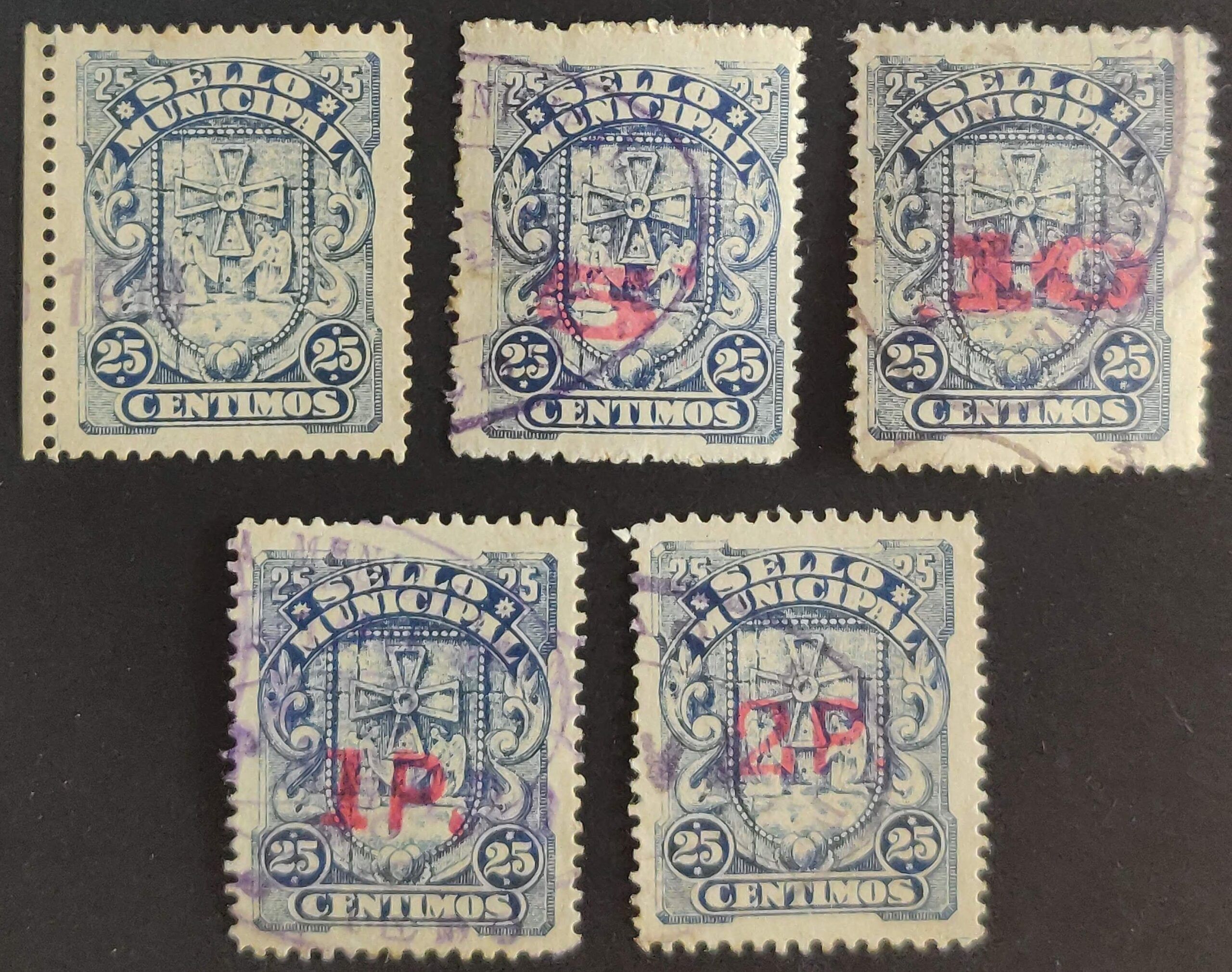 2700 Sello Municipal del Ayuntamiento de Oviedo. 1907. 5 Valores con Habilitaciones