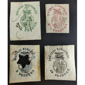 Sellos de Arbitrios Municipales del Ayuntamiento de Palma de Mallorca. 1877 . 4 valores