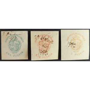 Arbitrios Municipales del Ayuntamiento de Palma de Mallorca. 1877 . Serie completa de 3 valores
