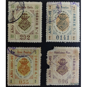 Sellos Municipales del Ayuntamiento de Palma de Mallorca. 1891-92 . 4 valores
