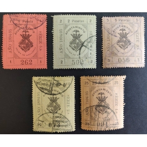 Sellos Municipales del Ayuntamiento de Palma de Mallorca. 1894-95 . 5 valores