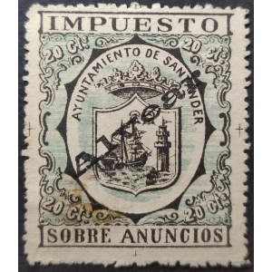 Timbre Municipal del Ayuntamiento de Santander. 1889. Impuesto Sobre Anuncios