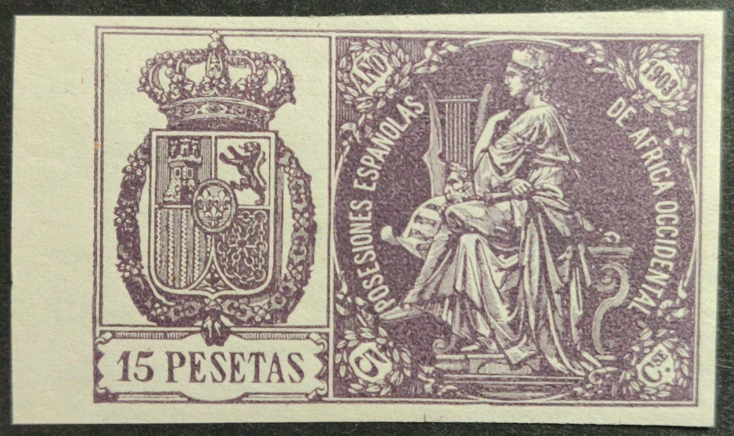 2793 Póliza 1903 Posesiones Españolas de África Occidental. 15 pesetas. Numeración A. 0,000,000