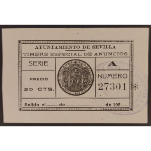 Timbre Especial de Anuncios del Ayuntamiento de Sevilla. Años '20. 20 cts. negro
