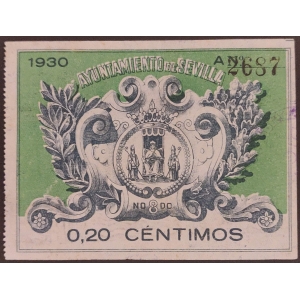 Timbre Municipal del Ayuntamiento de Sevilla. 1930. 0,20 céntimos. verde y negro
