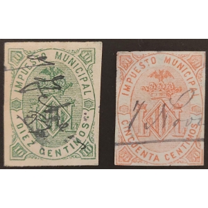 1882. 2 sellos de Impuesto Municipal del Ayuntamiento de Valencia sin dentar.