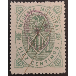 1887. Sello de Impuesto Municipal del Ayuntamiento de Valencia. 1887. Sobrecarga ovalo de "Impuestos Municipales"