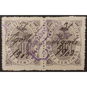 1895. Impuesto Municipal del Ayuntamiento de Valencia en pareja. Sobrecarga octógono de "Contaduría - Municipal - Cargado"
