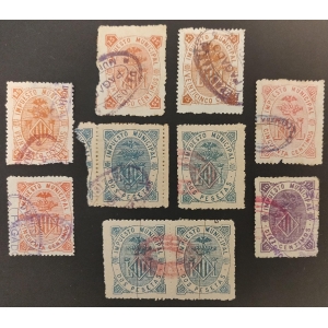 Aprox. 1889-1895. Impuesto Municipal del Ayuntamiento de Valencia con sobrecargas varias. 10 valores.