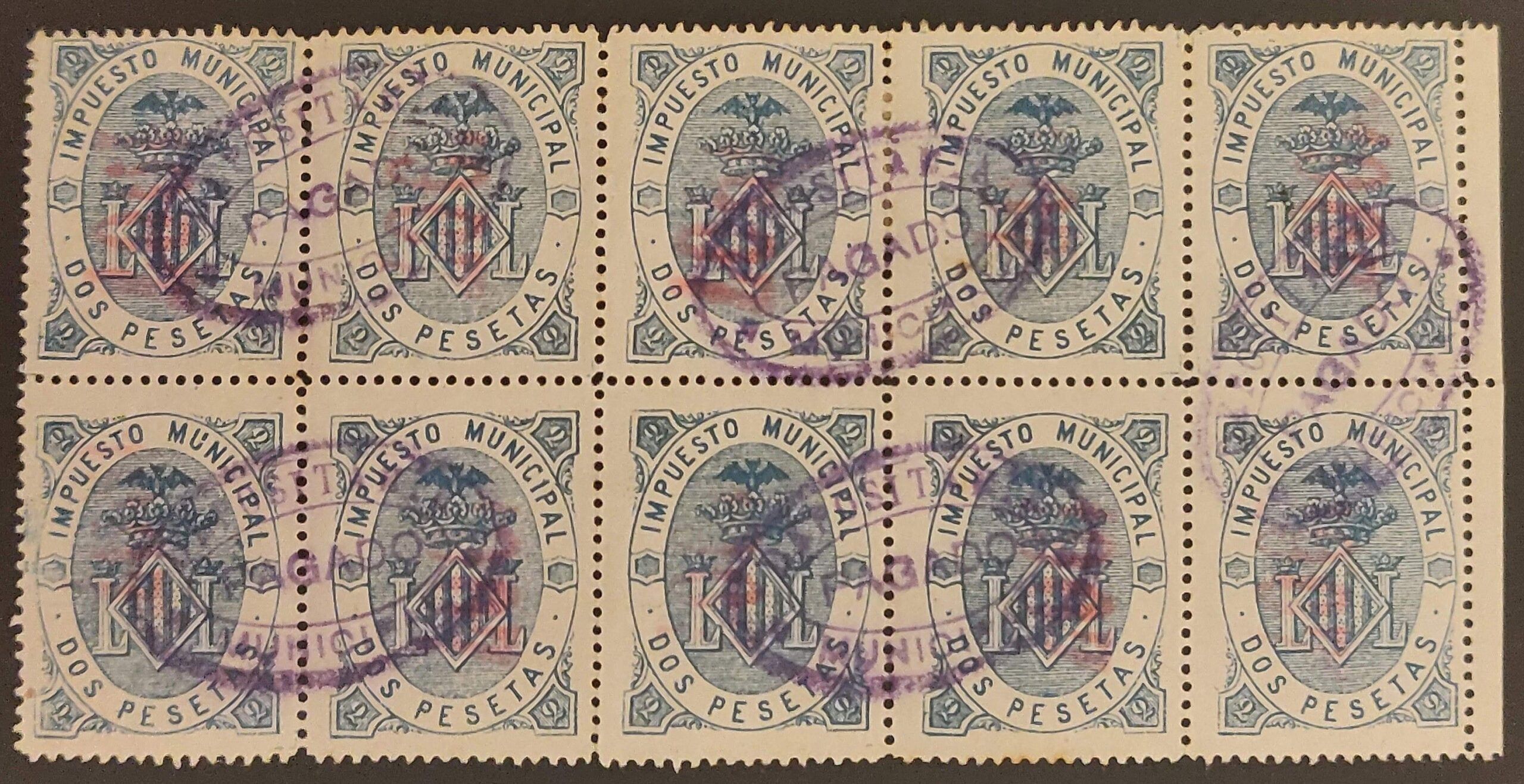 2849 Bloque de 10 sellos de Impuesto Municipal del Ayuntamiento de Valencia de 1895 con habilitación para su uso en 1907