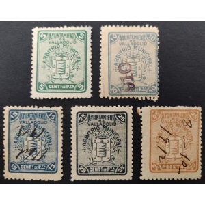 1910 aprox. 5 sellos de Arbitrios Municipales del Ayuntamiento de Valladolid del Tipo II