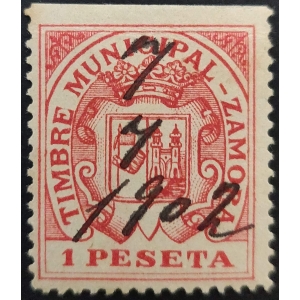 Timbre Municipal del Ayuntamiento de Zamora, año 1900. Una peseta rojo.