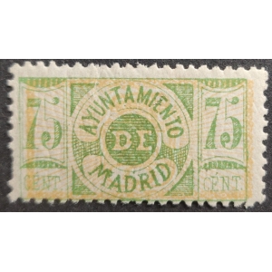 Ayuntamiento de Madrid. Recargo Municipal. 1877. 75 Cént. Amarillo y verde