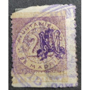Ayuntamiento de Madrid. Impuesto Municipal. 1886. Cifra 25  Violeta. sobrecarga monograma MA