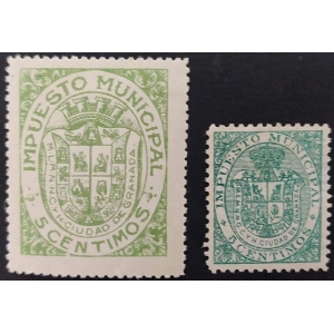 Impuesto Municipal de Granada. 1900 aprox. 2 valores. Gran formato de sello