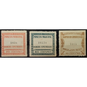 Impuesto Municipal del Ayuntamiento de Madrid. "Anuncios Espectáculos" 1905-1930. 3 valores