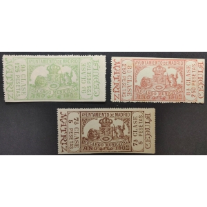 Recargo Municipal del Ayuntamiento de Madrid. "Cédulas" 1902. 3 valores