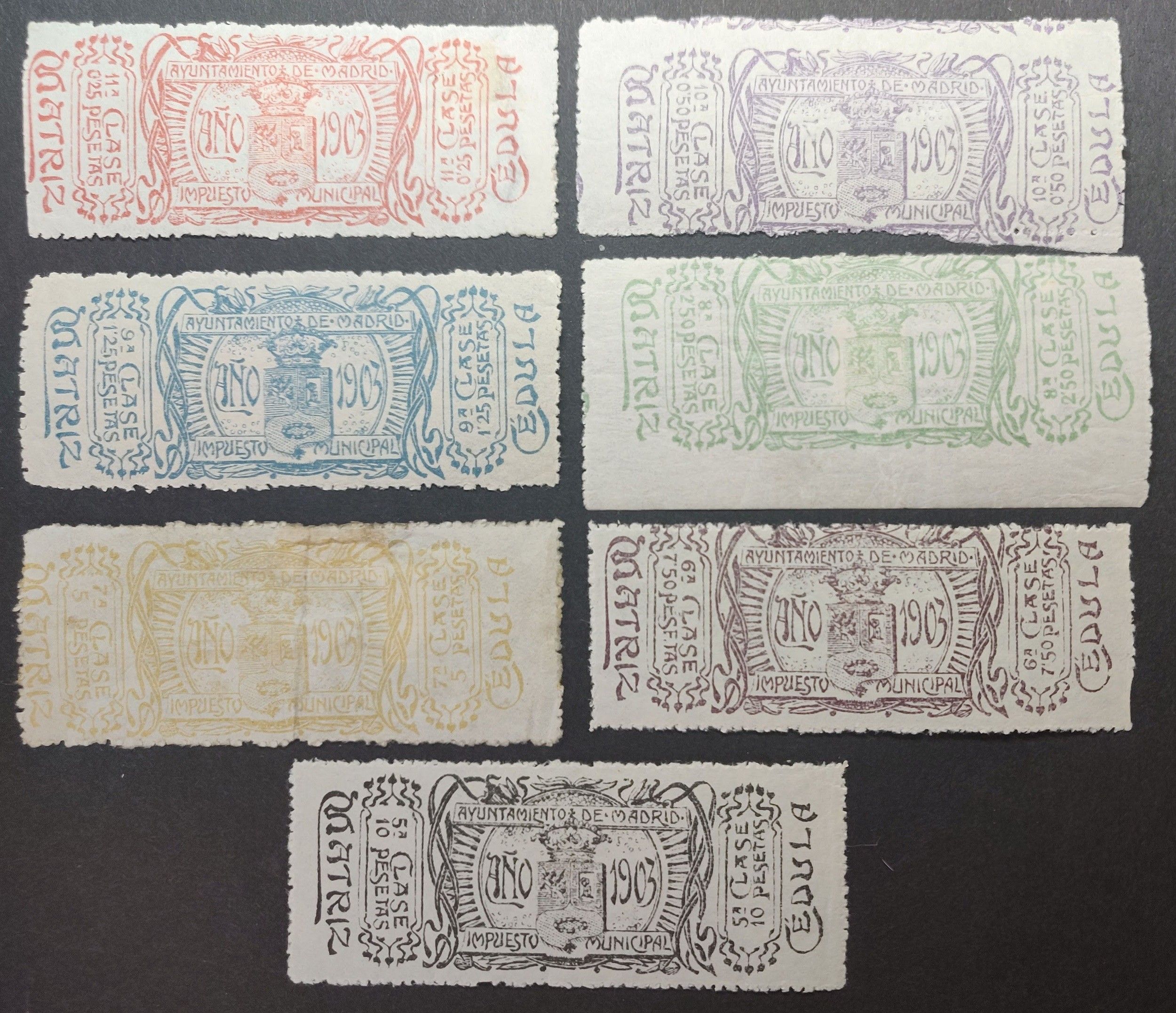 3177 Recargo Municipal del Ayuntamiento de Madrid. "Cédulas" 1903. 7 valores