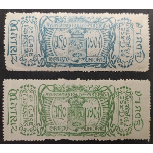 Recargo Municipal del Ayuntamiento de Madrid. "Cédulas" 1904. 2 valores