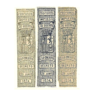Fósforos. Impuesto de Guerra. 3 valores (Tamaño 61 x 14 mm.)