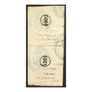 Póliza 1901 0,50 p. nº azul resello de 1902 en pareja. Fernando Poo.