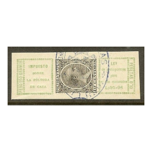Pólvora y Explosivos 1895/96. Fajita de 0,10 Ptas. Verde amarillo y negro