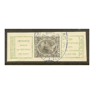Pólvora u Explosivos 1895/96. Fajita de 0,10 Ptas. Verde amarillo y negro