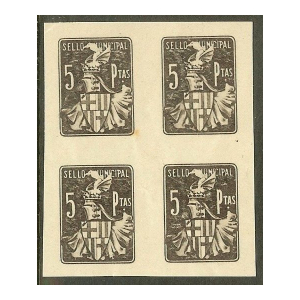Barcelona Sello Municipal 5 Pesetas (Pruebas) Blq. de 4